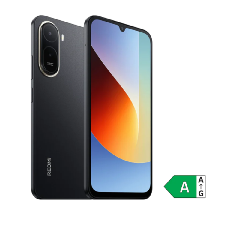 Pametni telefon Redmi v črni barvi, prikaz spredaj in zadaj, velik zaslon z zarezo in dvojna kamera 13 MP.