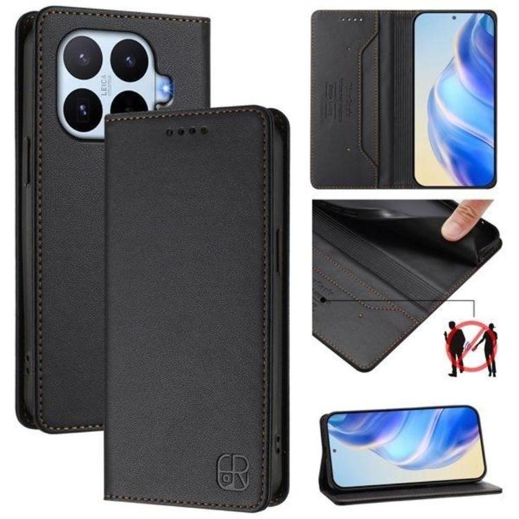 Črna preklopna torbica za pametni telefon z videzom usnja, magnetnim zapiranjem in funkcijo stojala nudi elegantno zaščito ter udobno uporabo vsak dan.