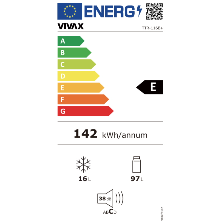 Energijska nalepka Vivax TTR‑116E+ z razredom učinkovitosti E, letno porabo 142 kWh, prostornino 16 L (zamrzovalnik) in 97 L (hladilnik) ter glasnostjo 38 dB