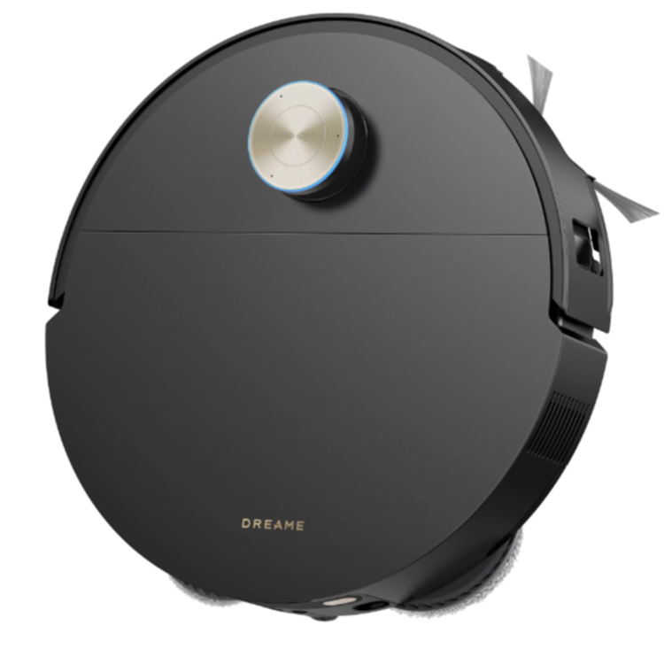 Črn robotski sesalnik Dreame z LiDAR navigacijo, prikazan od zgoraj z elegantnim minimalističnim dizajnom.