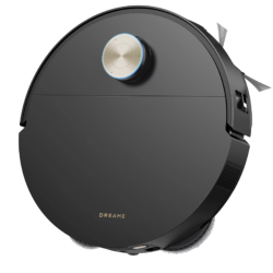Črn robotski sesalnik Dreame z LiDAR navigacijo, prikazan od zgoraj z elegantnim minimalističnim dizajnom.