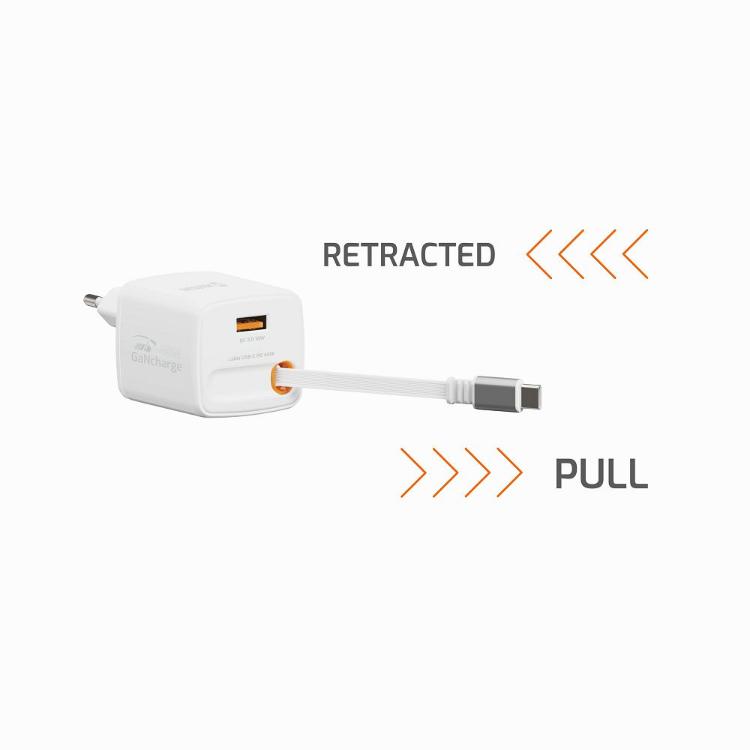 Hitri stenski polnilnik Swissten GaN 45 W z vgrajenim izvlečnim USB‑C kablom, USB‑A izhodom 18 W in podporo Power Delivery omogoča hitro ter priročno polnjenje pametnih telefonov, tablic in drugih združljivih naprav.