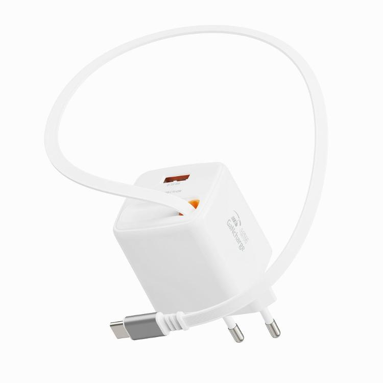 Hitri stenski polnilnik Swissten GaN 45 W z vgrajenim izvlečnim USB‑C kablom dolžine 0,75 m, USB‑A izhodom Quick Charge 3.0 (18 W) in podporo Power Delivery omogoča priročno ter učinkovito polnjenje telefonov, tablic in drugih združljivih naprav.
