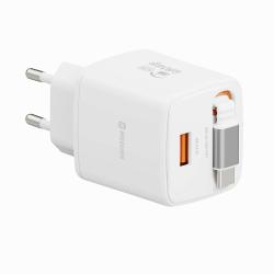 Kompaktni polnilnik Swissten GaN 45 W z izvlečnim USB‑C kablom, USB‑A Quick Charge 3.0 izhodom in večstopenjsko zaščito zagotavlja varno, hitro in učinkovito polnjenje doma, v pisarni ali na poti.
