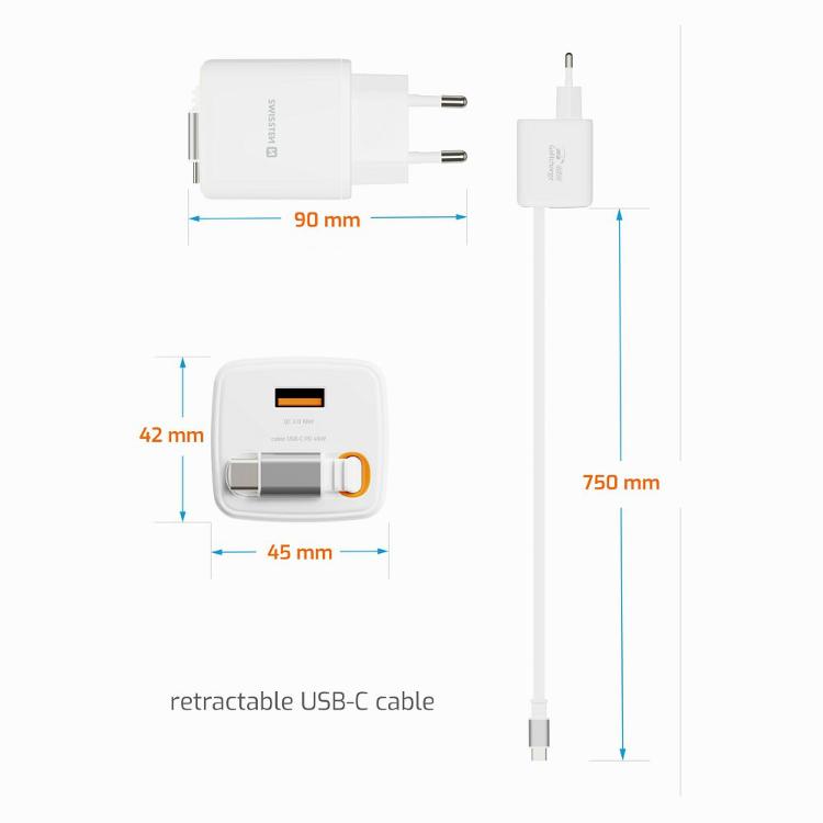 Swissten GaN 45 W z napredno GaN tehnologijo, kompaktnimi dimenzijami 45 × 42 × 90 mm in integriranim navijalnim USB‑C kablom združuje visoko zmogljivost, enostavno prenašanje in manjšo potrebo po dodatnih kablih.