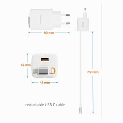 Swissten GaN 45 W z napredno GaN tehnologijo, kompaktnimi dimenzijami 45 × 42 × 90 mm in integriranim navijalnim USB‑C kablom združuje visoko zmogljivost, enostavno prenašanje in manjšo potrebo po dodatnih kablih.