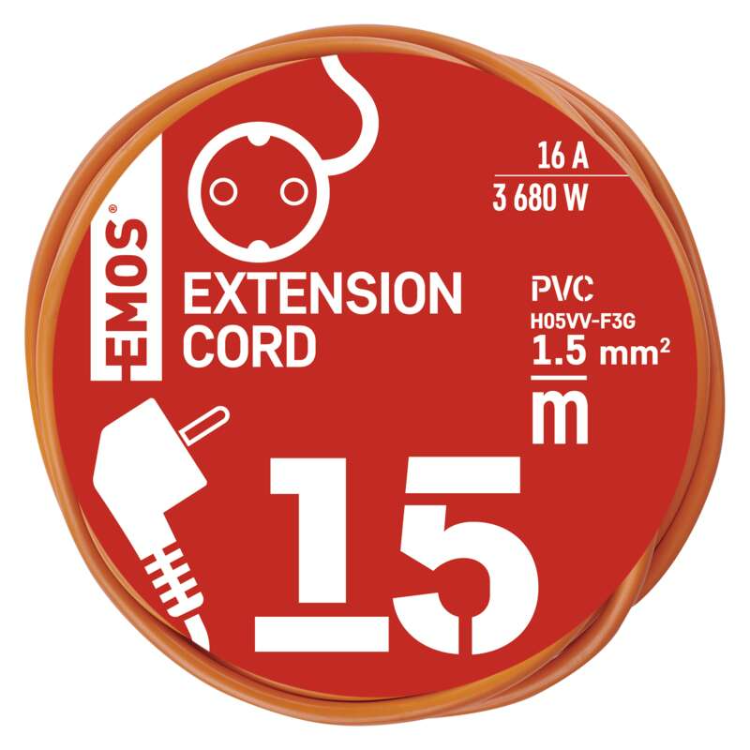 Podaljšek Emos 15 m / 1 vtičnica / oranžni / PVC / 250 V / 1,5 mm2