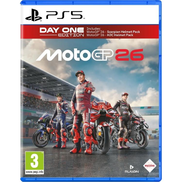 MotoGP 26 Day One Edition za PS5, uradna naslovnica z dirkači MotoGP, motocikli Ducati, Yamaha in Aprilia ter bonus vsebino ob izidu.