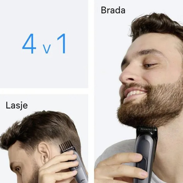 Braun Series 3 4‑v‑1, večnamenski trimer za brado in lase, enostavno oblikovanje in striženje.