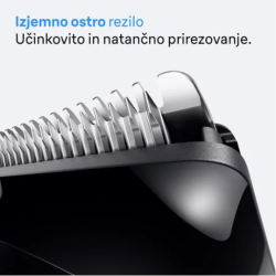 Detajl rezila Braun Series 3, izjemno ostri zobci za natančno in učinkovito prirezovanje brade in las.