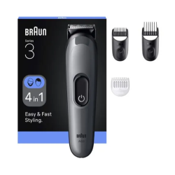 Braun Series 3 AIO3, 4‑v‑1 prirezovalnik za brado in lase, z nastavki za več dolžin.