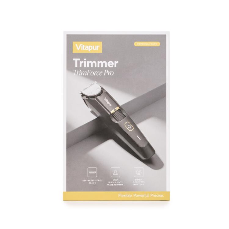 Embalaža Vitapur TrimForce Pro z izdelkom ter oznakami za IPX7 vodoodpornost in 60 min delovanja.