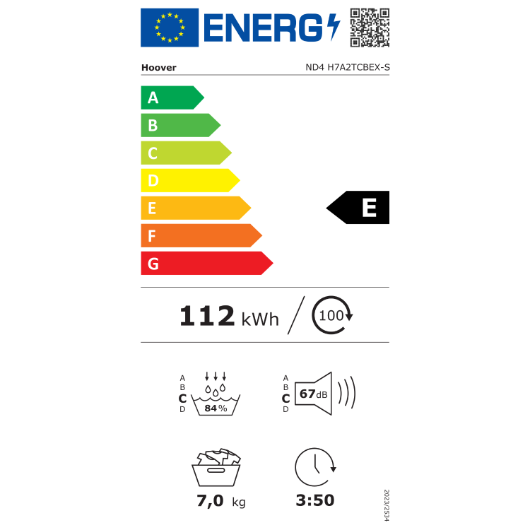 Energijska nalepka za sušilni stroj Hoover ND4 H7A2TCBEX‑S z energijskim razredom E, porabo 112 kWh na 100 ciklov, zmogljivostjo 7 kg, učinkovitostjo kondenzacije 84 %, glasnostjo 67 dB in trajanjem programa 3 h 50 min.
