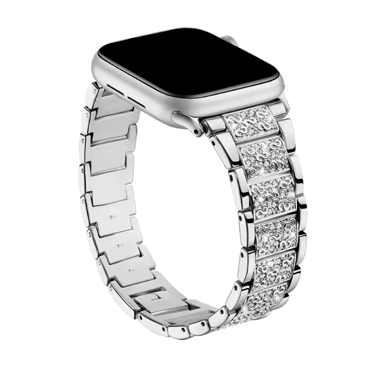 Srebrn kovinski pašček s kristali nameščen na uri, eleganten kontrast zaslonu, za Apple Watch (38/40/41).