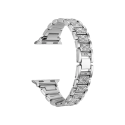 Srebrn kovinski pašček s kristali, sijoč videz in zložljivo zapenjanje, primeren za Apple Watch (38/40/41).