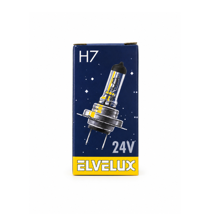 Embalaža avtomobilske žarnice H7 24V ELVELUX z ilustracijo žarnice na modro-rumenem pakiranju.