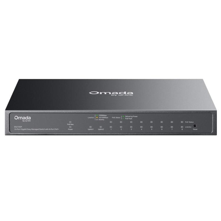 TP-Link Omada ES210GP je upravljano Gigabit stikalo z 8 PoE+ priključki, dvema uplink povezavama in naprednimi funkcijami upravljanja za zanesljivo delovanje poslovnih omrežij.