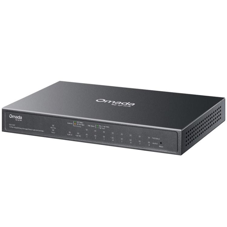 Omrežno stikalo TP-Link Omada ES210GP z robustnim kovinskim ohišjem, 8 Gigabit Ethernet vrati, SFP uplink režo in centraliziranim upravljanjem zagotavlja stabilno delovanje v poslovnih omrežjih.