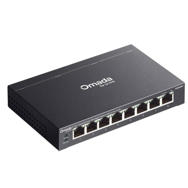TP-Link Omada ES208GP je upravljano Gigabit stikalo z 8 PoE+ priključki, ki omogoča napajanje dostopnih točk, IP kamer in drugih omrežnih naprav prek enega samega Ethernet kabla.