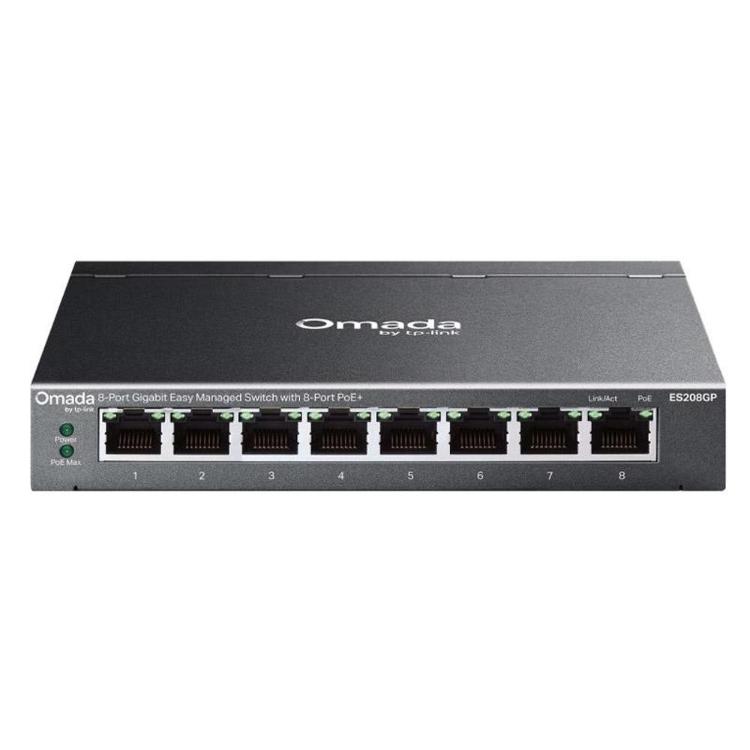 TP-Link Omada ES208GP je upravljano Gigabit stikalo z 8 PoE+ priključki, ki omogoča napajanje dostopnih točk, IP kamer in drugih omrežnih naprav prek enega samega Ethernet kabla.