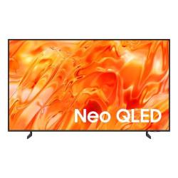 Samsung Neo QLED televizor s tankim črnim okvirjem, prikazan od spredaj, z oranžnim abstraktnim motivom in napisom Neo QLED na zaslonu.