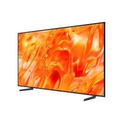 Samsung televizor z zelo tankim črnim okvirjem, prikazan iz rahlega stranskega kota, z oranžnim abstraktnim motivom na zaslonu.