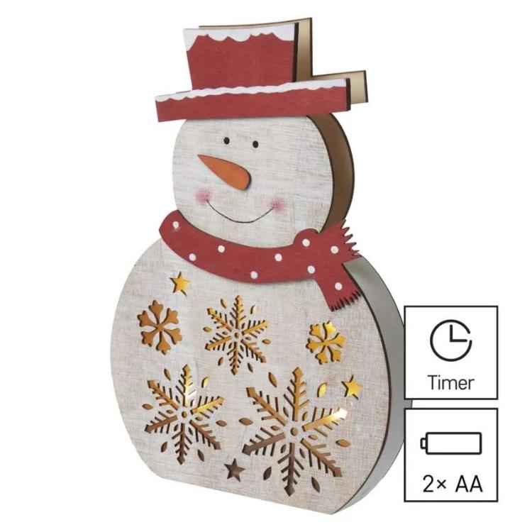 LED božični snežak lesen Emos, 30 cm, 2x AAA, notranji, topla bela