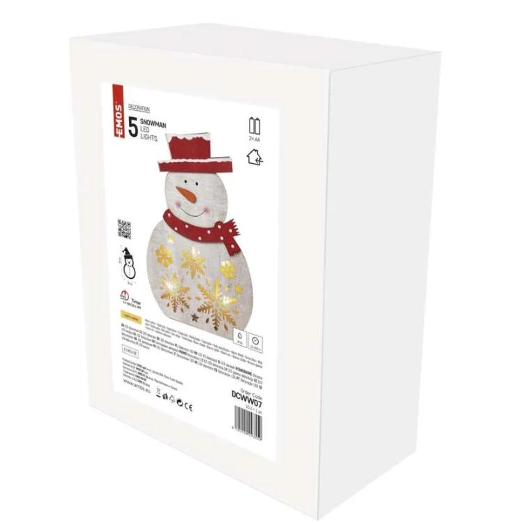 LED božični snežak lesen Emos, 30 cm, 2x AAA, notranji, topla bela