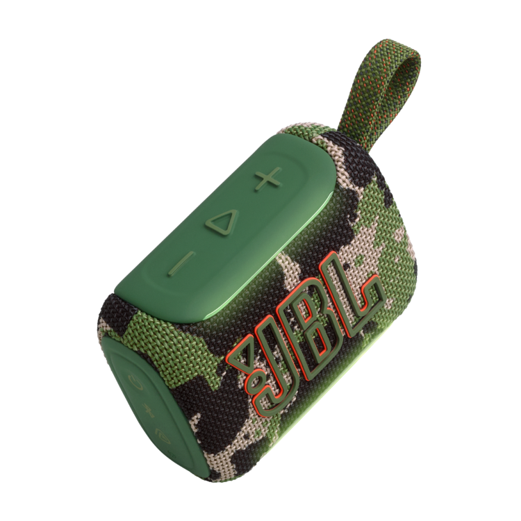 JBL GO5 camo zvočnik z zgornjimi gumbi za glasnost in predvajanje ter trpežno tkanino