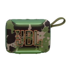 JBL GO5 camo kompakten zvočnik spredaj z izrazitim logotipom in maskirnim vzorcem