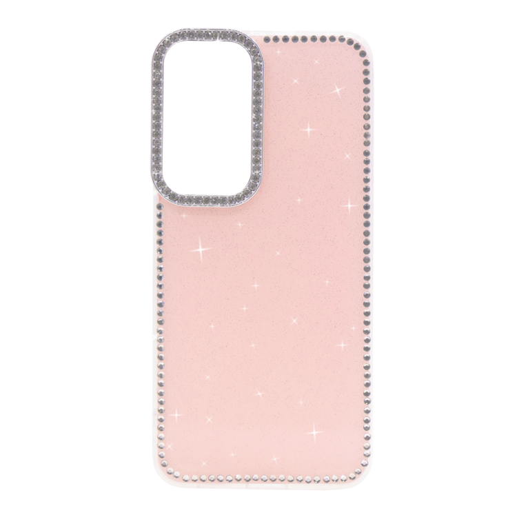 Roza TPU ovitek za Samsung Galaxy S26 FE z bleščečimi kristalnimi robovi, svetlečim vzorcem in dodatno zaščito okoli izreza za kamero.