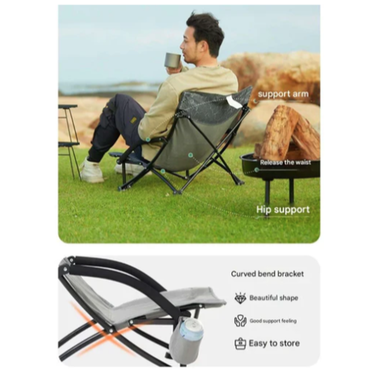 Nizek kamping stol KingCamp v uporabi na prostem, poudarjena ergonomska opora in zložljiva konstrukcija.