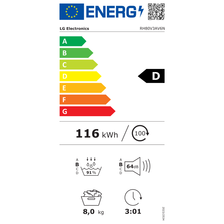 Energijska nalepka za sušilni stroj LG RH80V3AV6N z energijskim razredom D, porabo 116 kWh na 100 ciklov, zmogljivostjo 8 kg, učinkovitostjo kondenzacije 91 %, glasnostjo 64 dB in trajanjem programa 3 h 01 min.