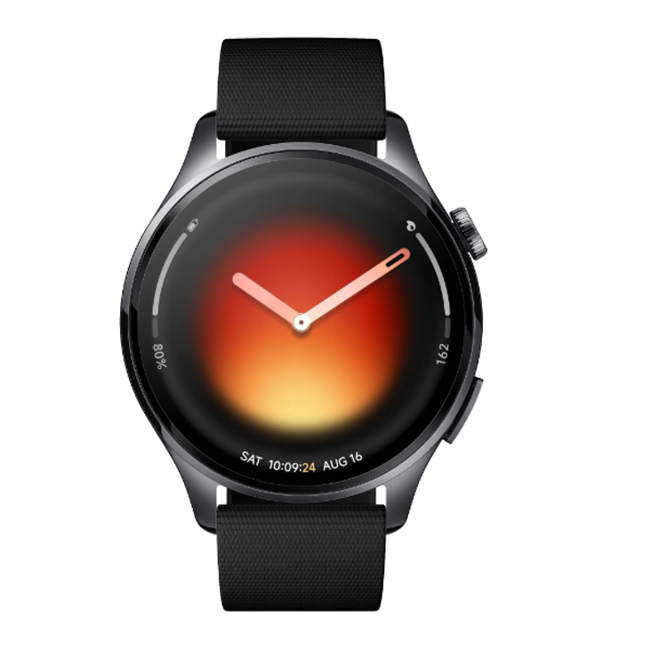 Xiaomi Watch S3, črna, sprednji pogled, velik AMOLED zaslon, minimalistična številčnica.