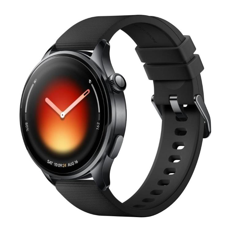 Xiaomi Watch S3, črna, stranski pogled, velik AMOLED zaslon, minimalistična številčnica.