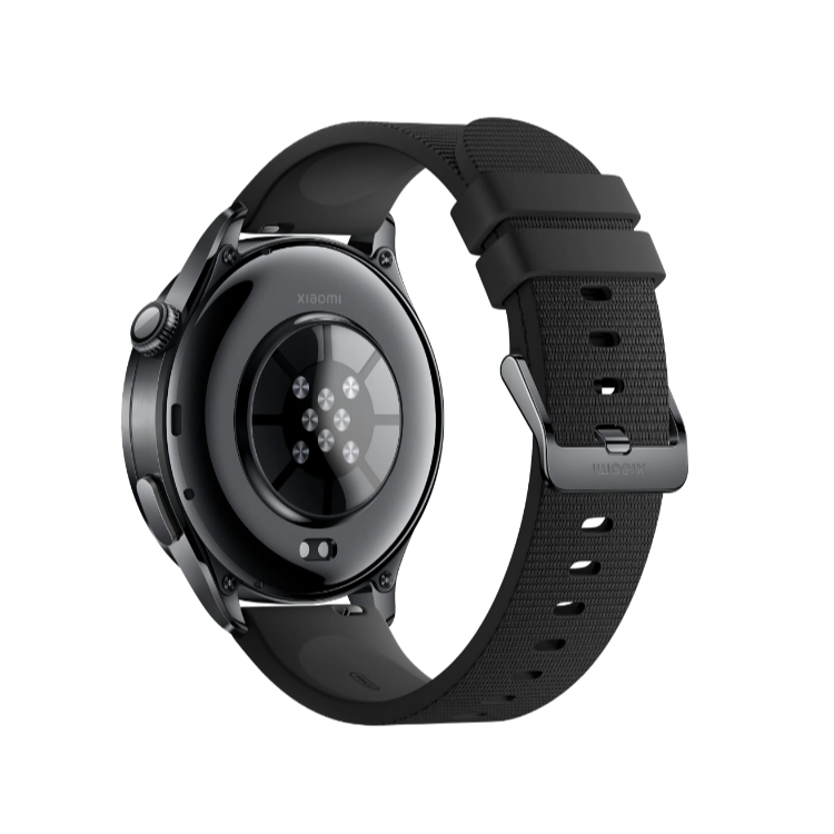 Xiaomi Watch 5 pametna ura, zadnja stran, črn pašček, senzorji srčnega utripa, kovinsko ohišje.