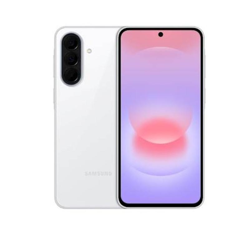 Sprednji in zadnji pogled na telefon Samsung Galaxy v beli barvi.