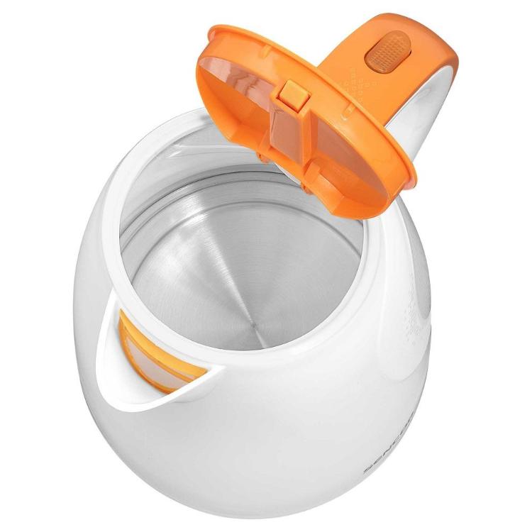 Sencor električni grelnik vode z odprtim pokrovom in vidno notranjostjo iz nerjavečega jekla