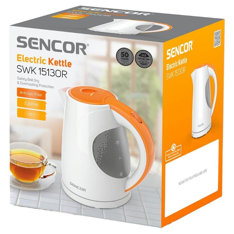 Embalaža Sencor električnega grelnika vode z prikazom naprave in osnovnimi podatki