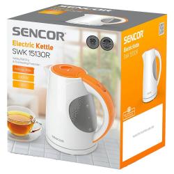Embalaža Sencor električnega grelnika vode z prikazom naprave in osnovnimi podatki