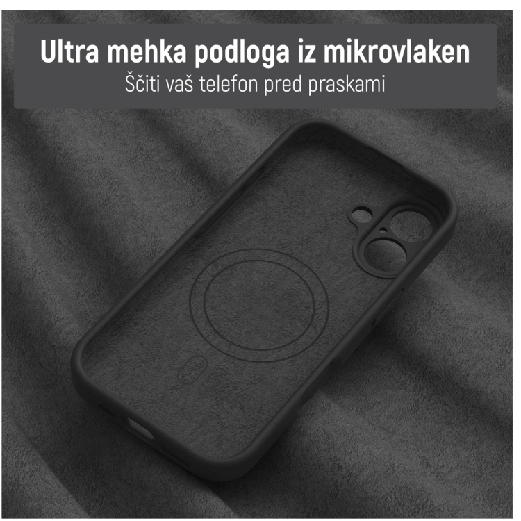 Notranjost sivega ovitka N‑Soft Magnetic z mehko podlogo iz mikrovlaken za zaščito telefona pred praskami.
