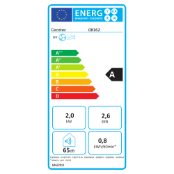 Energijska nalepka za klimatsko napravo Cecotec 08162 z energijskim razredom A, hladilno močjo 2,0 kW, učinkovitostjo EER 2,6, porabo 0,8 kWh/60 min in glasnostjo 65 dB.