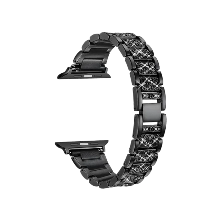 Črn kovinski pašček z bleščečimi kristali, eleganten in trpežen, primeren za Apple Watch (38/40/41).