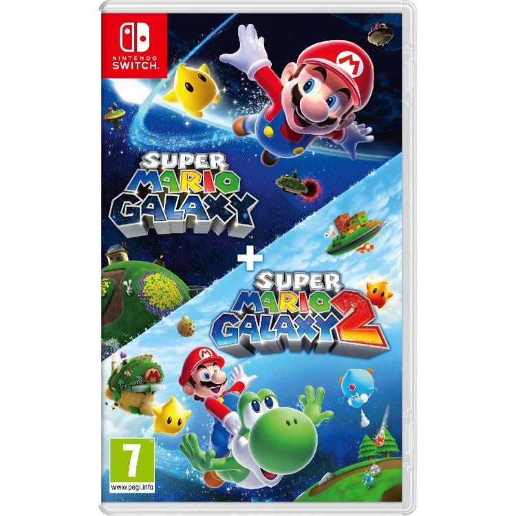 Copilot said: Super Mario Galaxy + Super Mario Galaxy 2 za Nintendo Switch, uradna naslovnica zbirke z Mariom, Yoshijem, Lumo in planeti v vesoljski pustolovščini, PEGI 7.