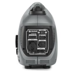 Zadnji priključni panel bencinskega inverter generatorja Fieldmann z vtičnicami in stikali.