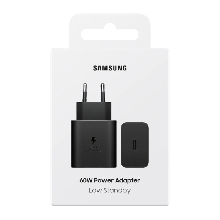 Embalaža originalnega Samsung 60 W USB‑C napajalnika s podporo Super Fast Charging in nizko porabo v stanju pripravljenosti.