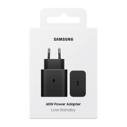 Embalaža originalnega Samsung 60 W USB‑C napajalnika s podporo Super Fast Charging in nizko porabo v stanju pripravljenosti.