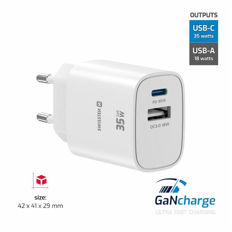 Swissten Edge GaN 35 W z napredno tehnologijo galijevega nitrida (GaN), kompaktnimi dimenzijami 42 × 41 × 29 mm in dvema izhodoma združuje visoko zmogljivost, energetsko učinkovitost ter priročno uporabo doma, v pisarni ali na poti.