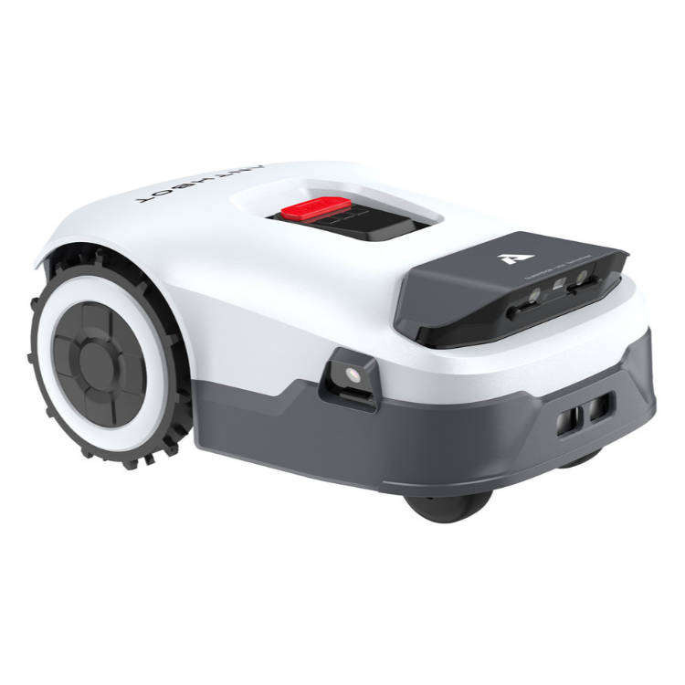 Robotska kosilnica Anthbot, bočni pogled na kompaktno ohišje z velikimi kolesi, senzorji in rdečim gumbom STOP.