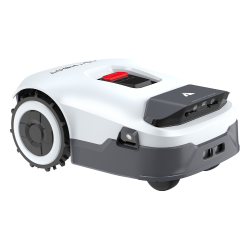 Robotska kosilnica Anthbot, bočni pogled na kompaktno ohišje z velikimi kolesi, senzorji in rdečim gumbom STOP.